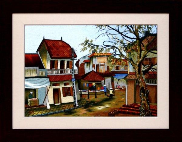 Mẫu tranh thêu đẹp về khu làng nghề đặc trưng trong tranh thêu về Hà Nội