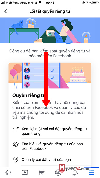 Bước 3 đặt lại mật khẩu facebook - Di chuyển xuống giữa màn hình