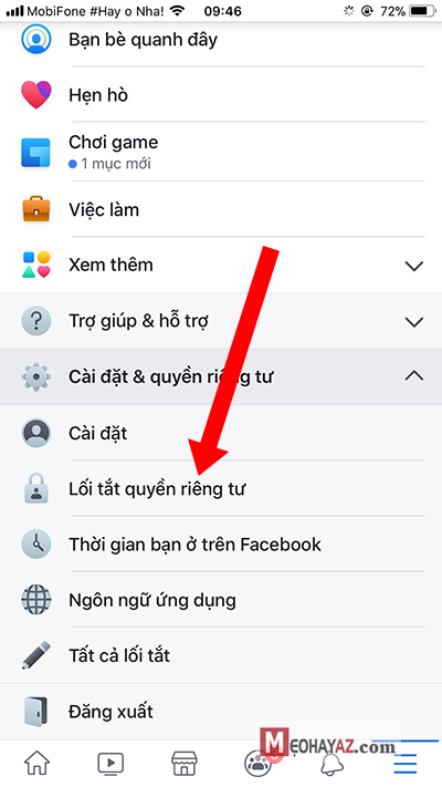 Click chọn Lối tắt quyền riêng tư để vào bước 3
