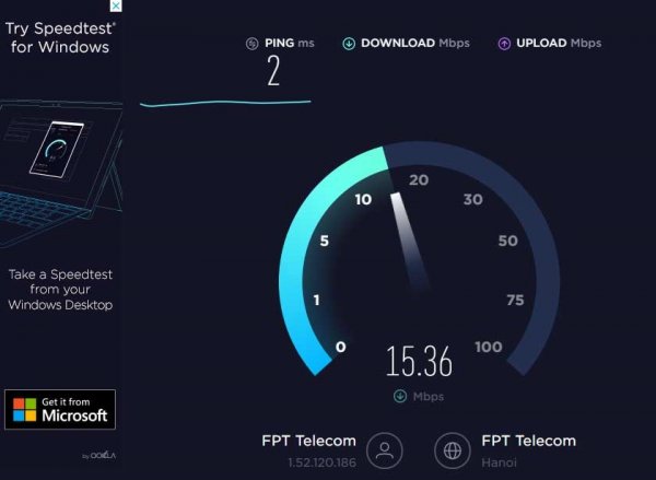 Giao diện speedtest đang chạy và đợi vài giây