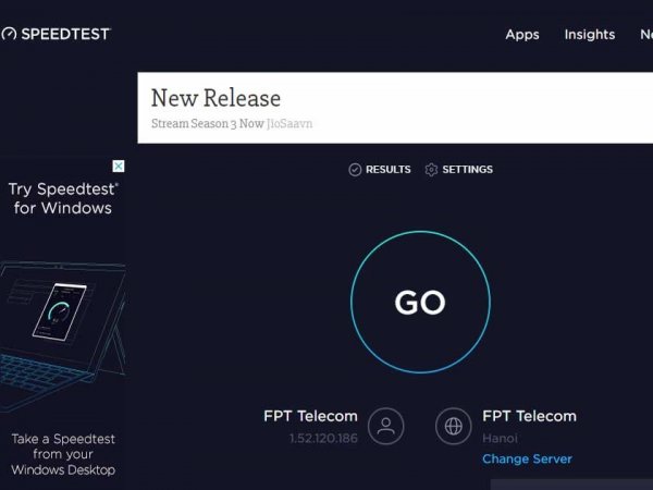 Vào speedtest.com xong bấm vào GO - Bước 1 Internet test speed