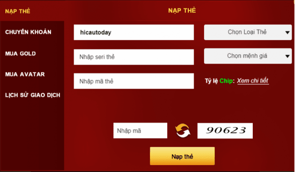 Giao diện nạp thẻ tại Sanhbai com
